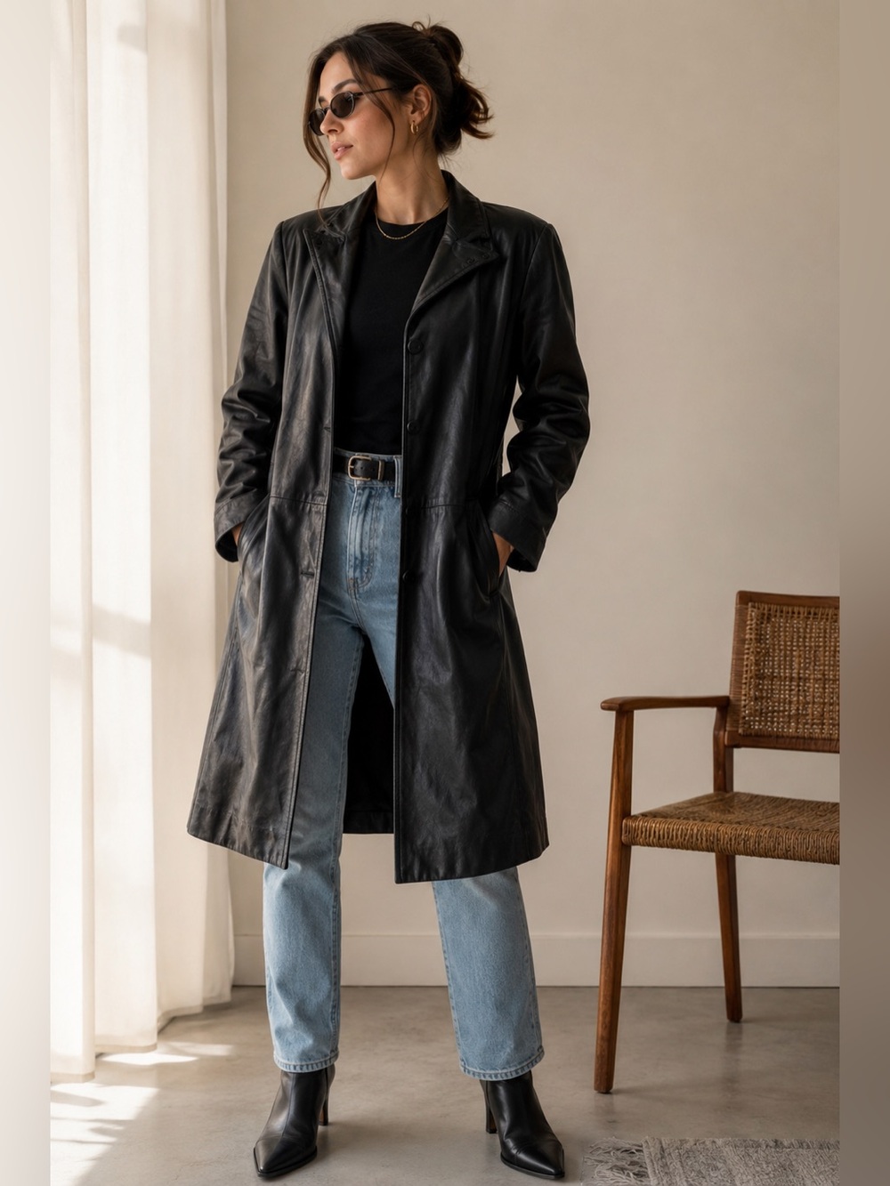 London Fog Women's Elegant Black Knee Length Leather Jacket